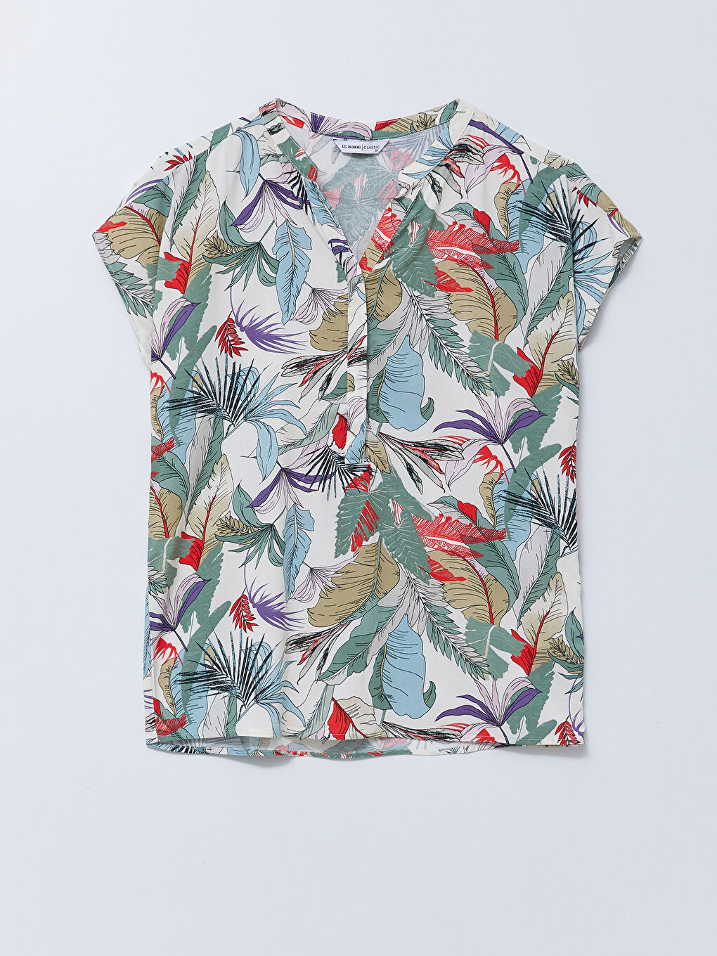 Henley Neckline Pattern Short Sleeve Crepe Women's Blouse-6