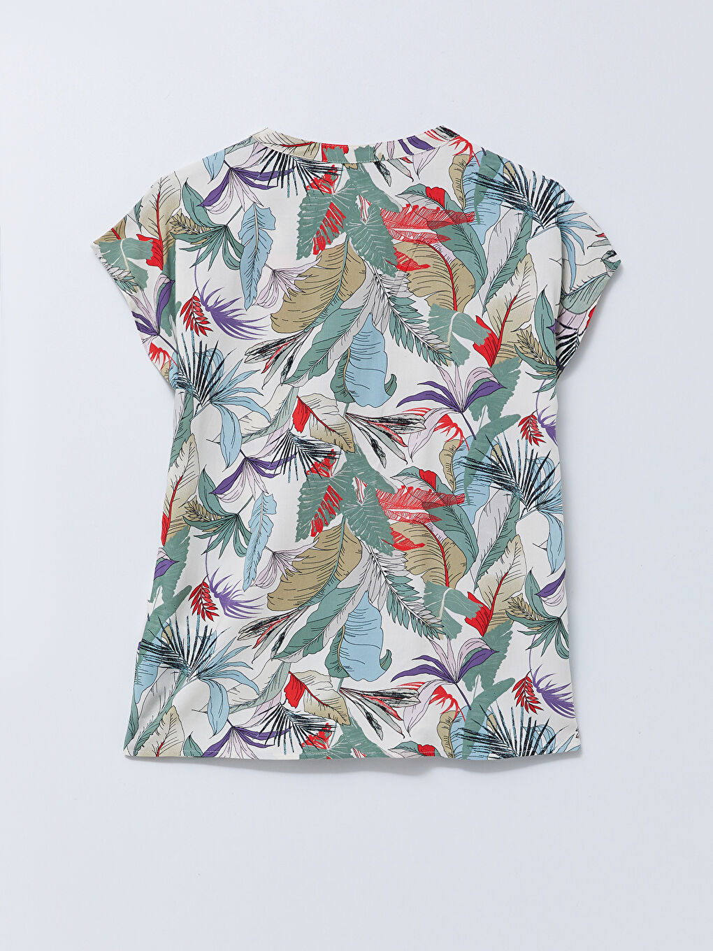 Henley Neckline Pattern Short Sleeve Crepe Women's Blouse-7