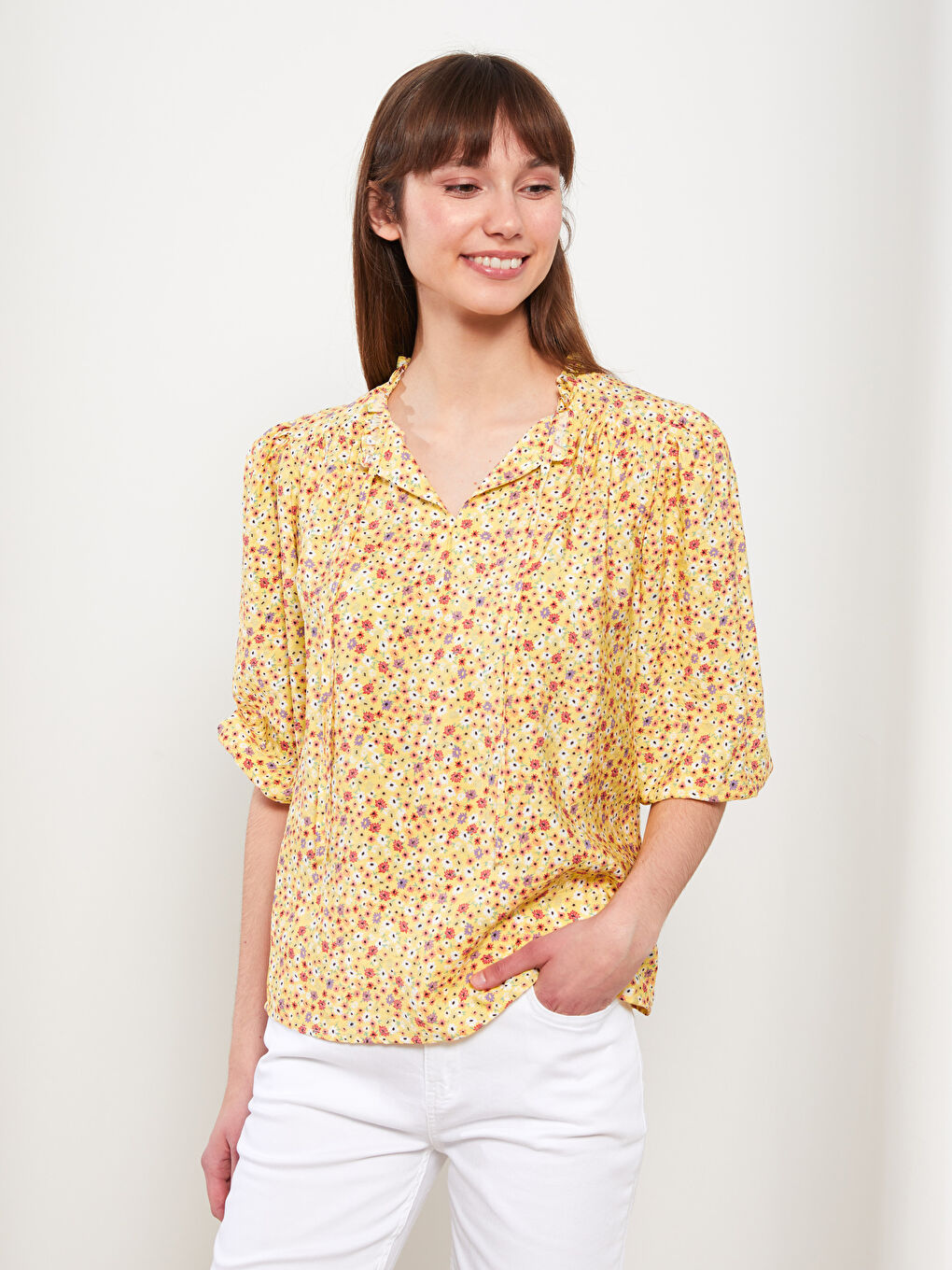 Sarı Bağlamalı Yaka Çiçekli Kadın Bluz-2