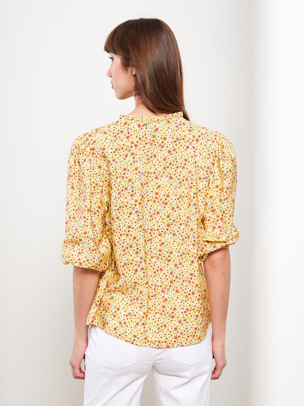 Sarı Bağlamalı Yaka Çiçekli Kadın Bluz-4