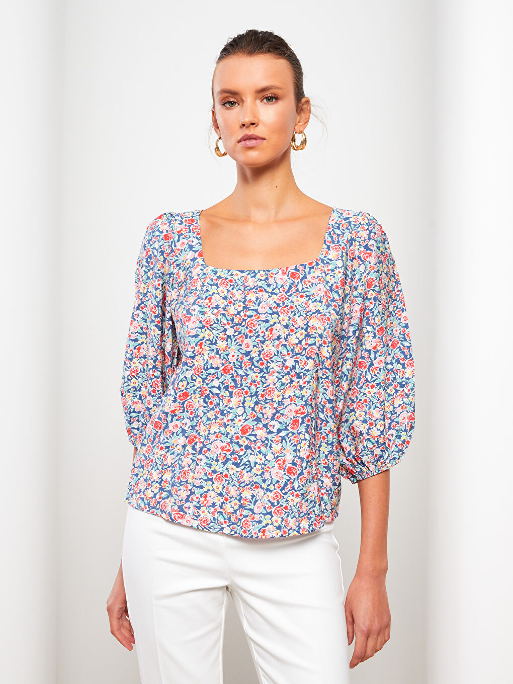 Square Collar Floral Women's Blouse-2