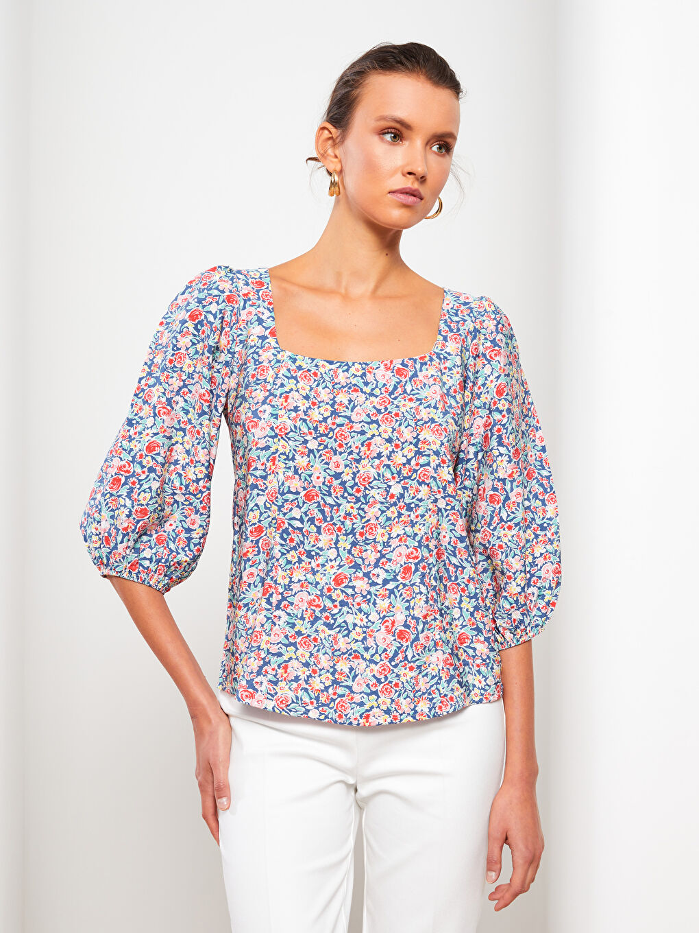 Square Collar Floral Women's Blouse-3