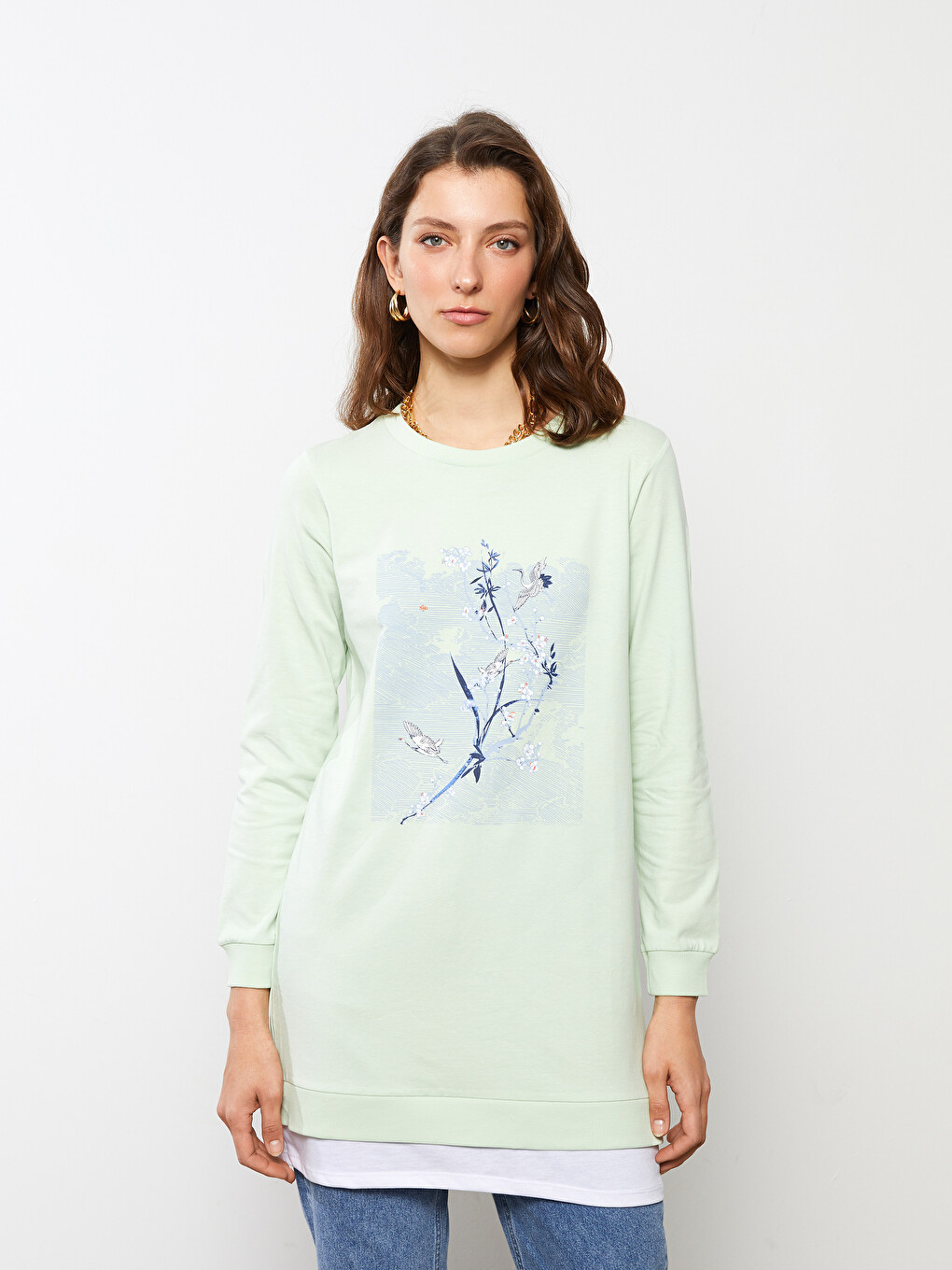 Crew Neck Printed Long Sleeve Cotton Women's Tunic