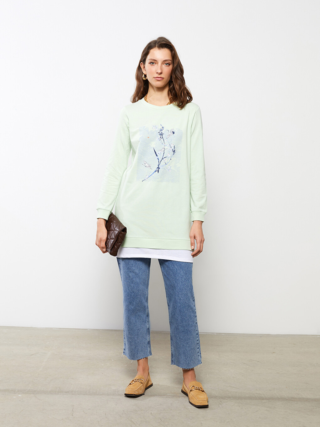 Crew Neck Printed Long Sleeve Cotton Women's Tunic-1