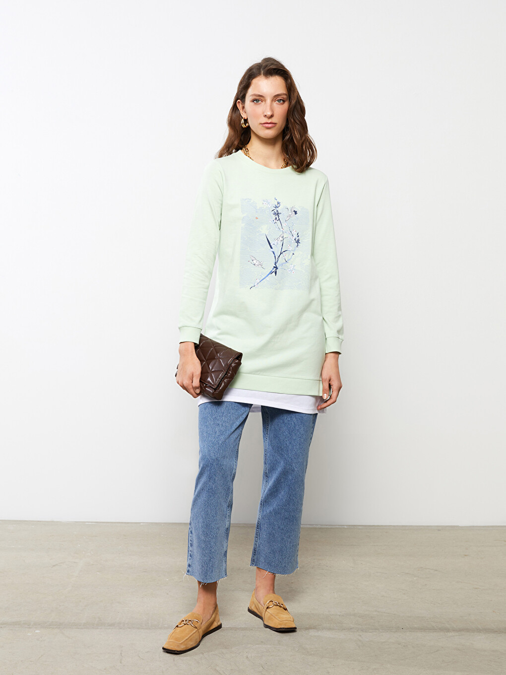 Crew Neck Printed Long Sleeve Cotton Women's Tunic-2