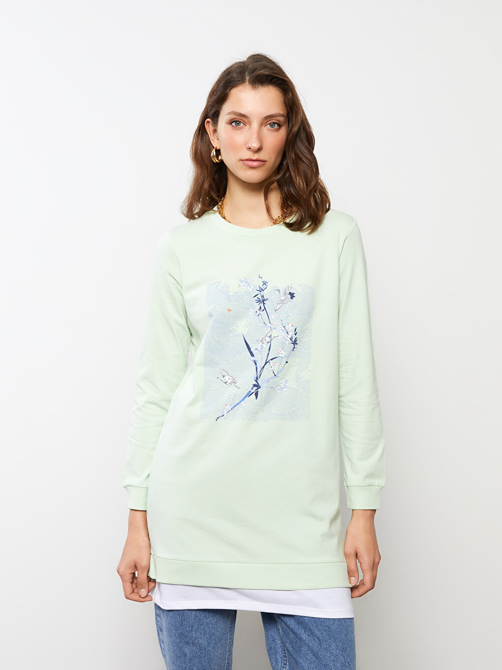 Crew Neck Printed Long Sleeve Cotton Women's Tunic-3