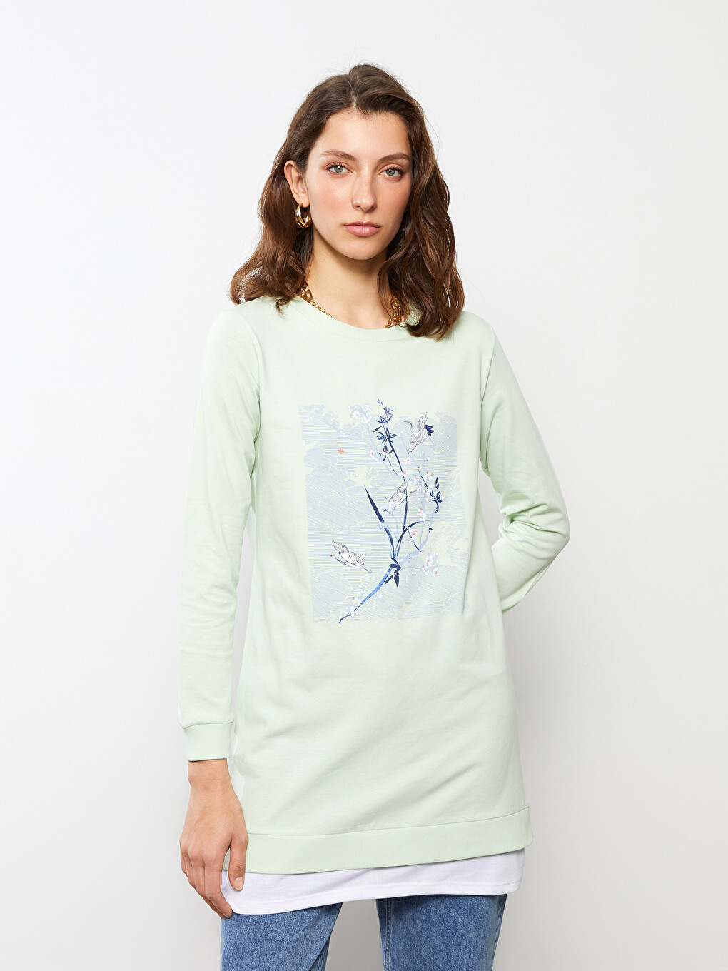 Crew Neck Printed Long Sleeve Cotton Women's Tunic-4