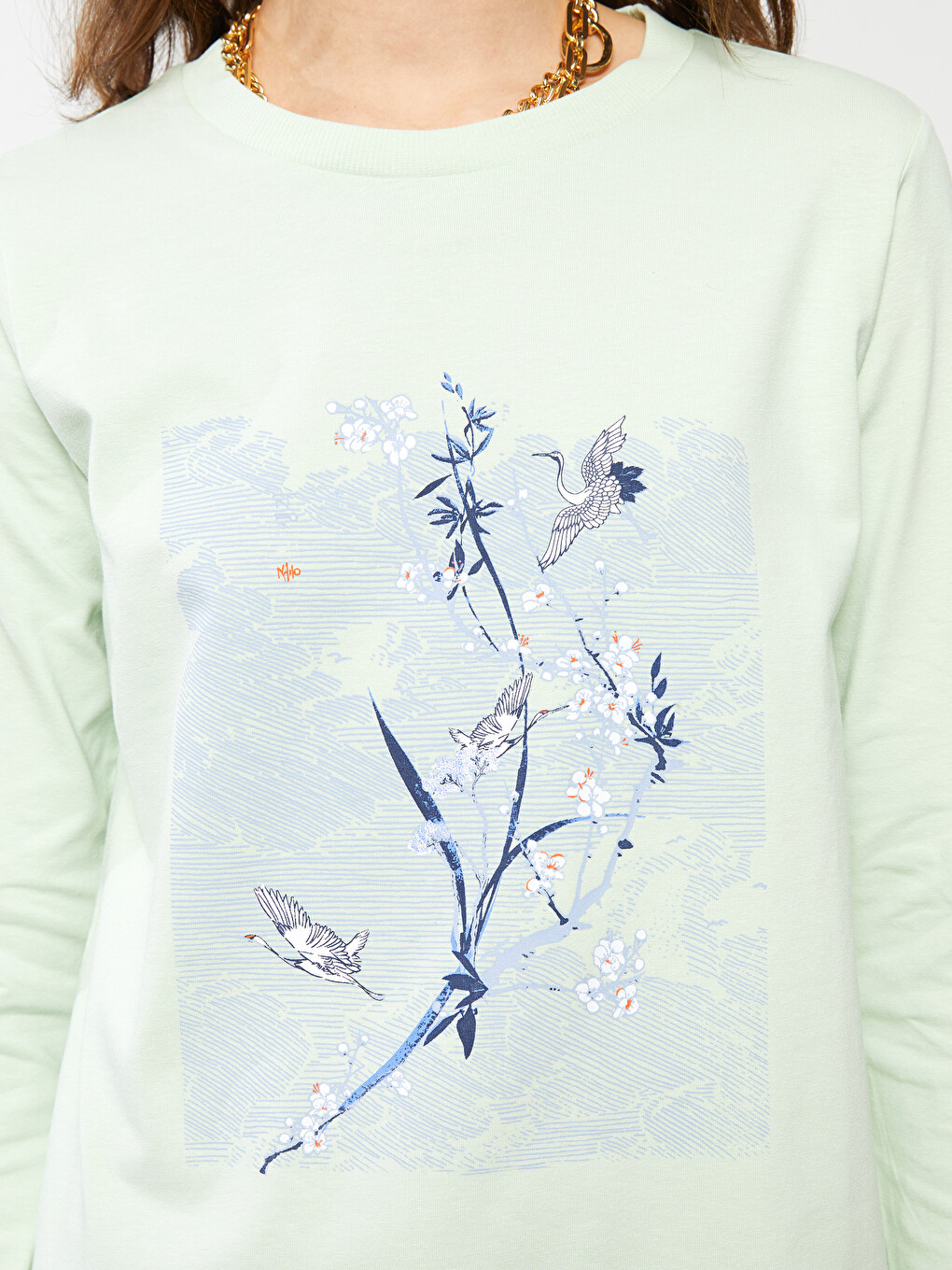Crew Neck Printed Long Sleeve Cotton Women's Tunic-5