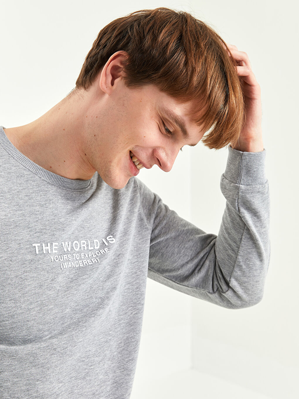 Gri Bisiklet Yaka Uzun Kollu Baskılı Erkek Sweatshirt