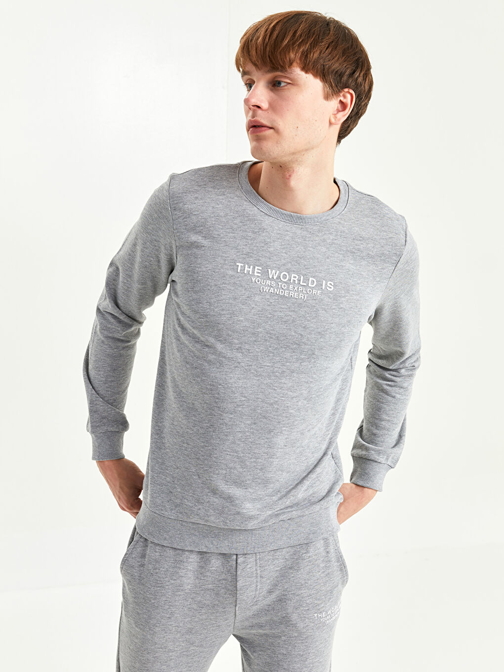 Gri Bisiklet Yaka Uzun Kollu Baskılı Erkek Sweatshirt-2