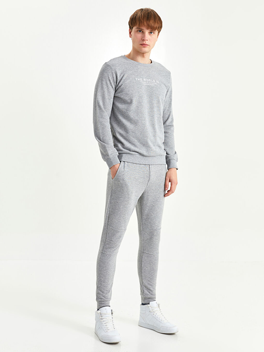 Gri Bisiklet Yaka Uzun Kollu Baskılı Erkek Sweatshirt-3