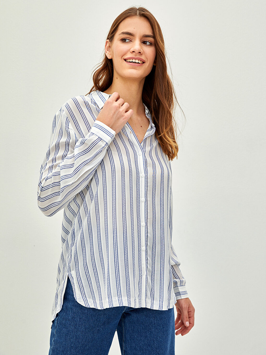 Front Button Closure Striped Long Sleeve Viscose Women's Shirt