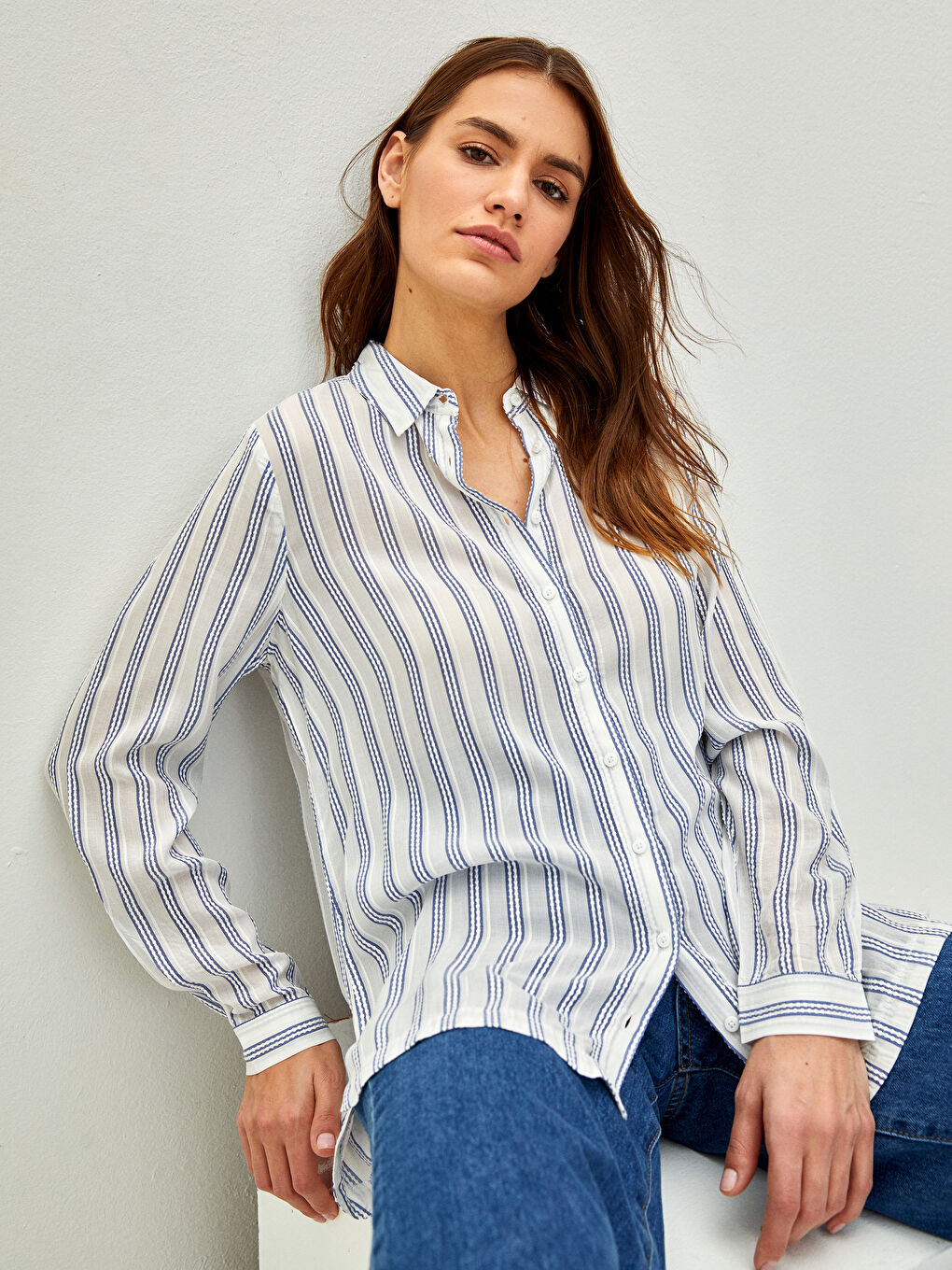 Front Button Closure Striped Long Sleeve Viscose Women's Shirt-1