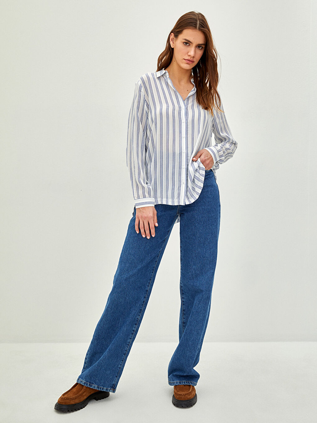 Front Button Closure Striped Long Sleeve Viscose Women's Shirt-2