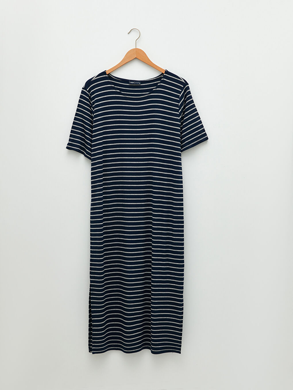 Lacivert Bisiklet Yaka Çizgili Kısa Kollu Kadın Elbise-5