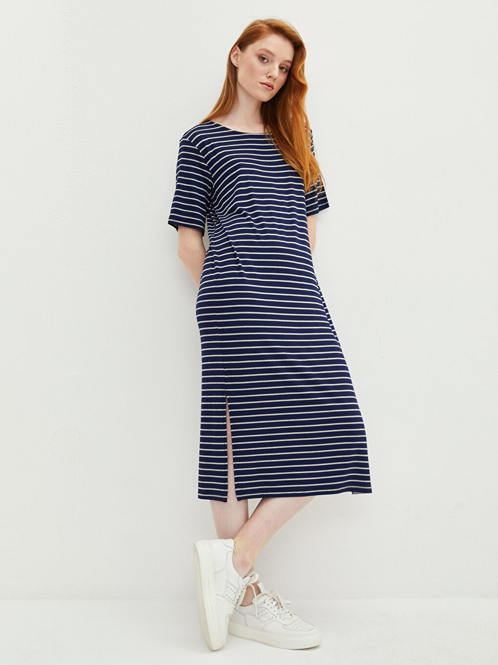 Lacivert Bisiklet Yaka Çizgili Kısa Kollu Kadın Elbise-2