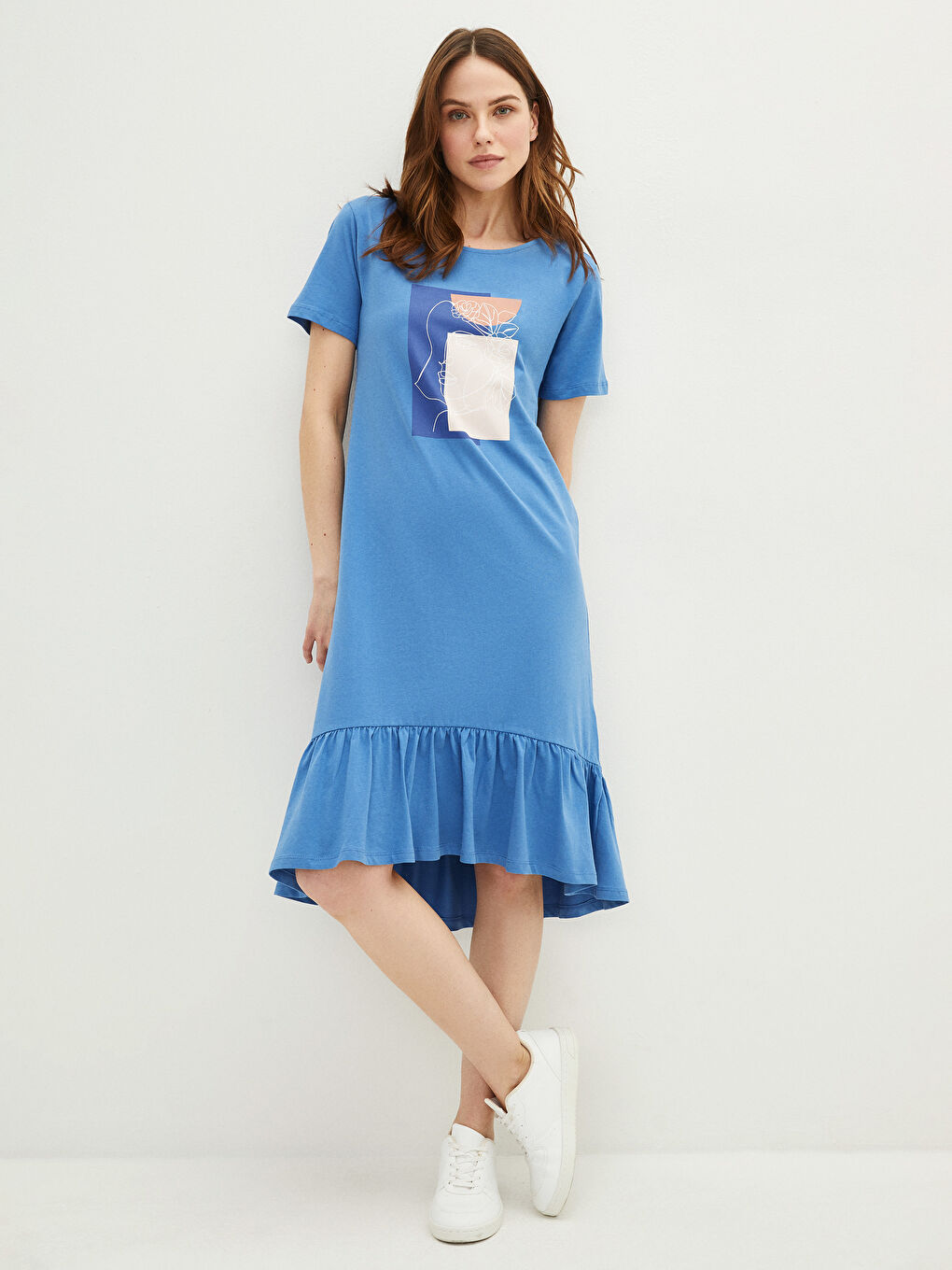 Crew Neck Printed Short Sleeve Cotton Women's Dress