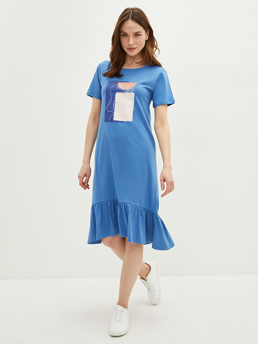 Crew Neck Printed Short Sleeve Cotton Women's Dress-1