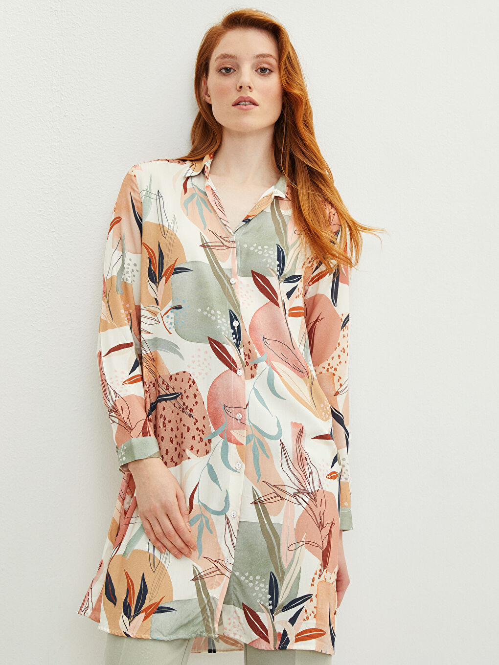 Patterned Long Sleeve Viscose Women's Shirt Tunic