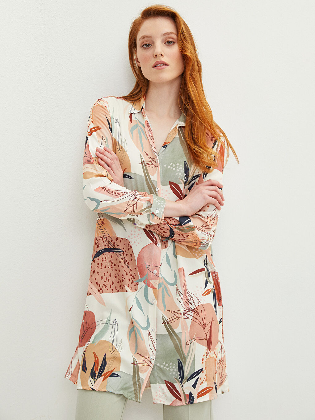 Patterned Long Sleeve Viscose Women's Shirt Tunic-1