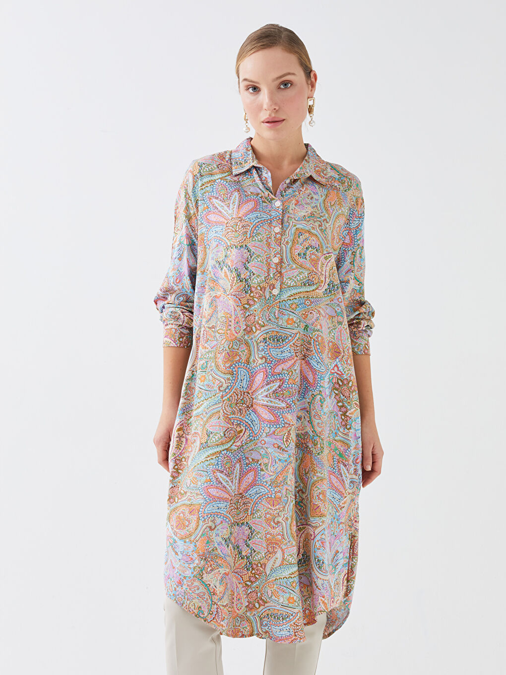 Patterned Long Sleeve Viscose Women's Shirt Tunic-2