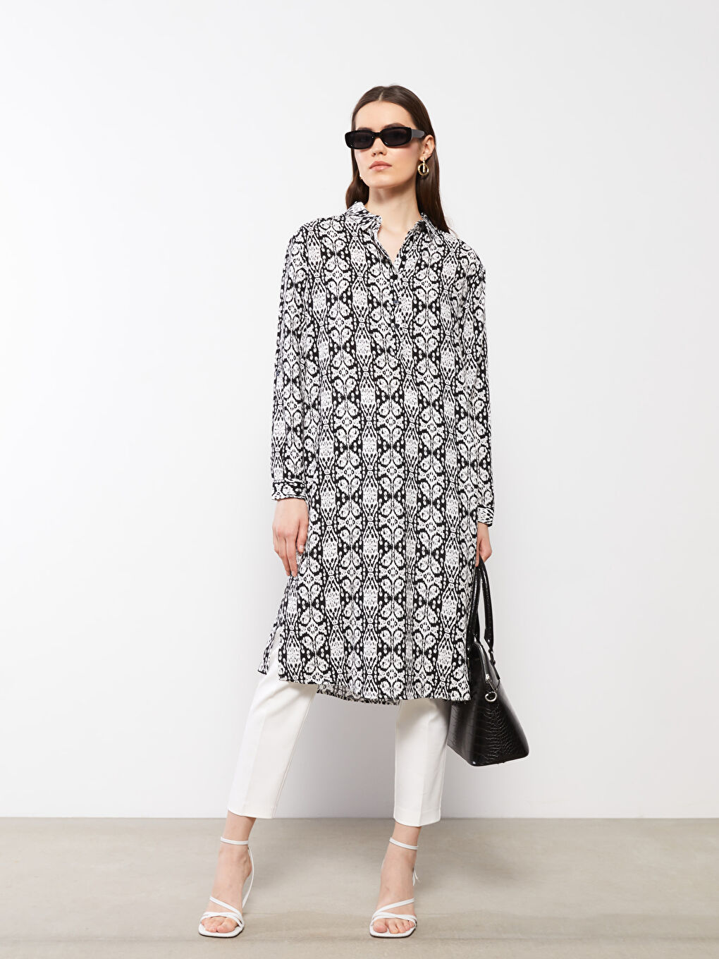Рубашка-туника из вискозы с длинным рукавом с принтом для женщин