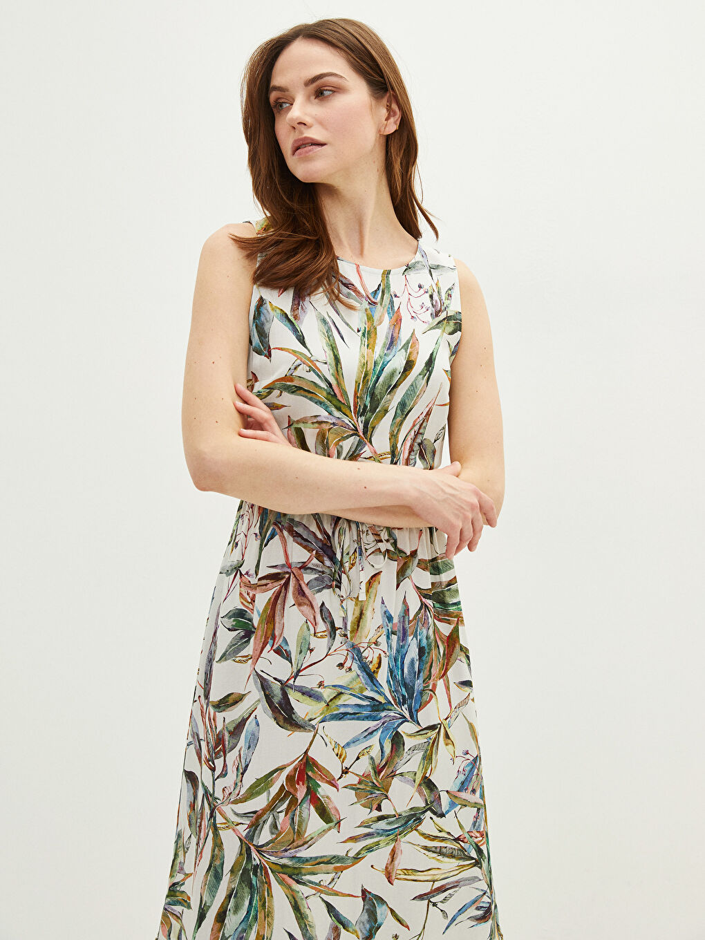 Crew Neck Patterned Sleeveless Viscose Women's Dress -S2BS50Z8-LRA