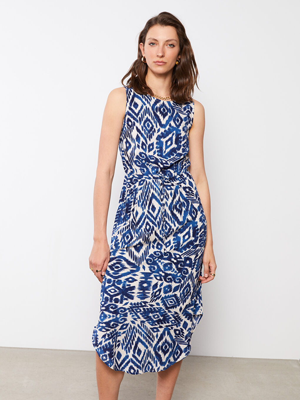 Crew Neck Patterned Sleeveless Viscose Women's Dress-3