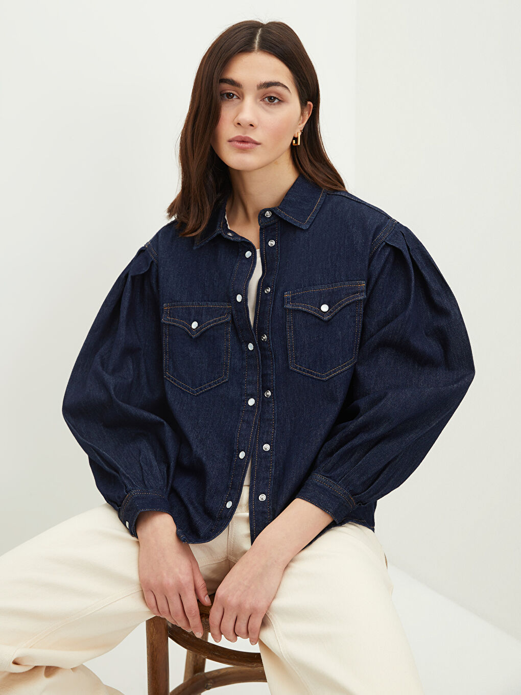 LCW Vision Veste en Jean à Fermeture Boutonnée Frontale Droite à Manches Longues pour Femmes