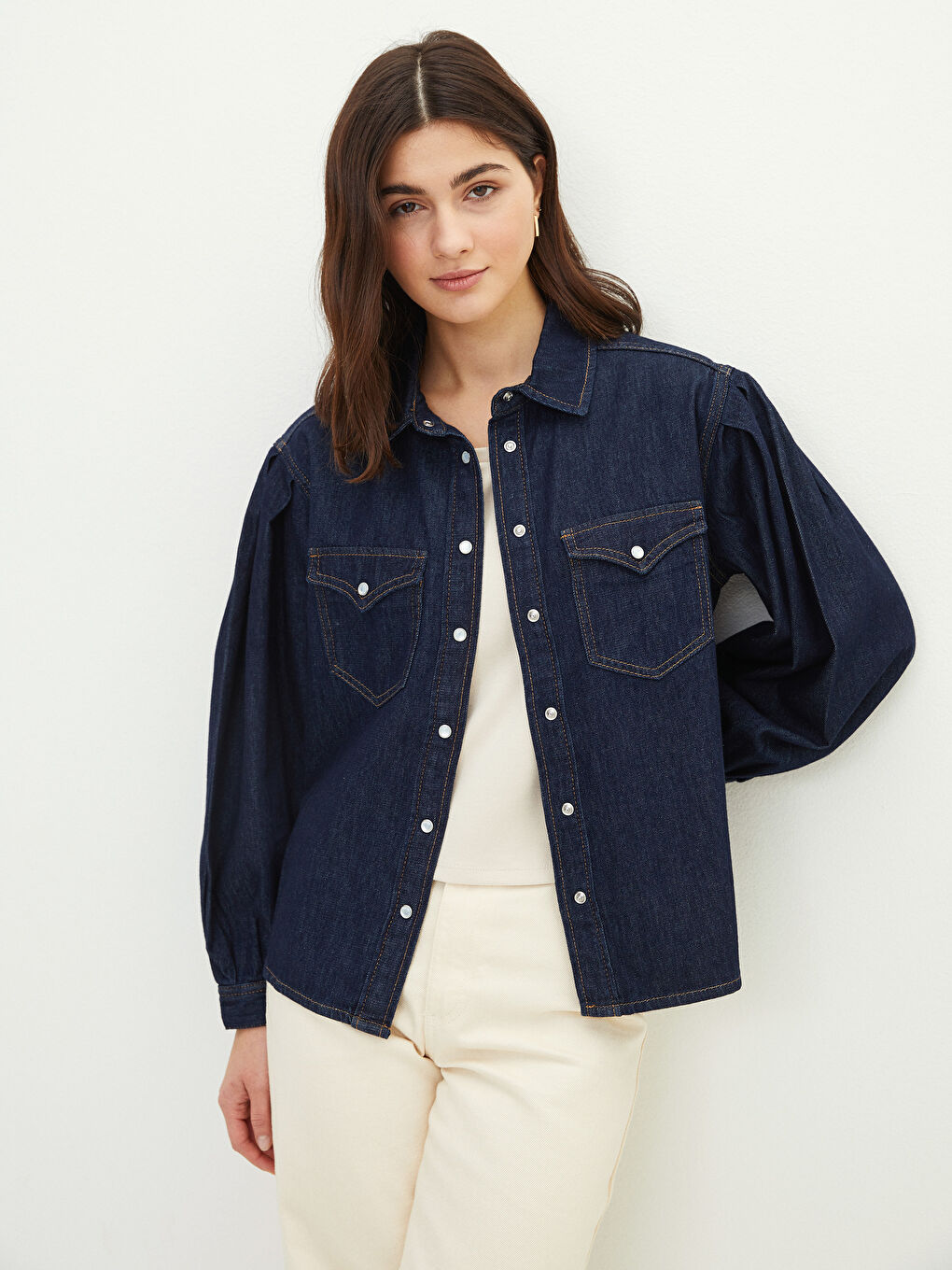 LCW Vision Veste en Jean à Fermeture Boutonnée Frontale Droite à Manches Longues pour Femmes-1