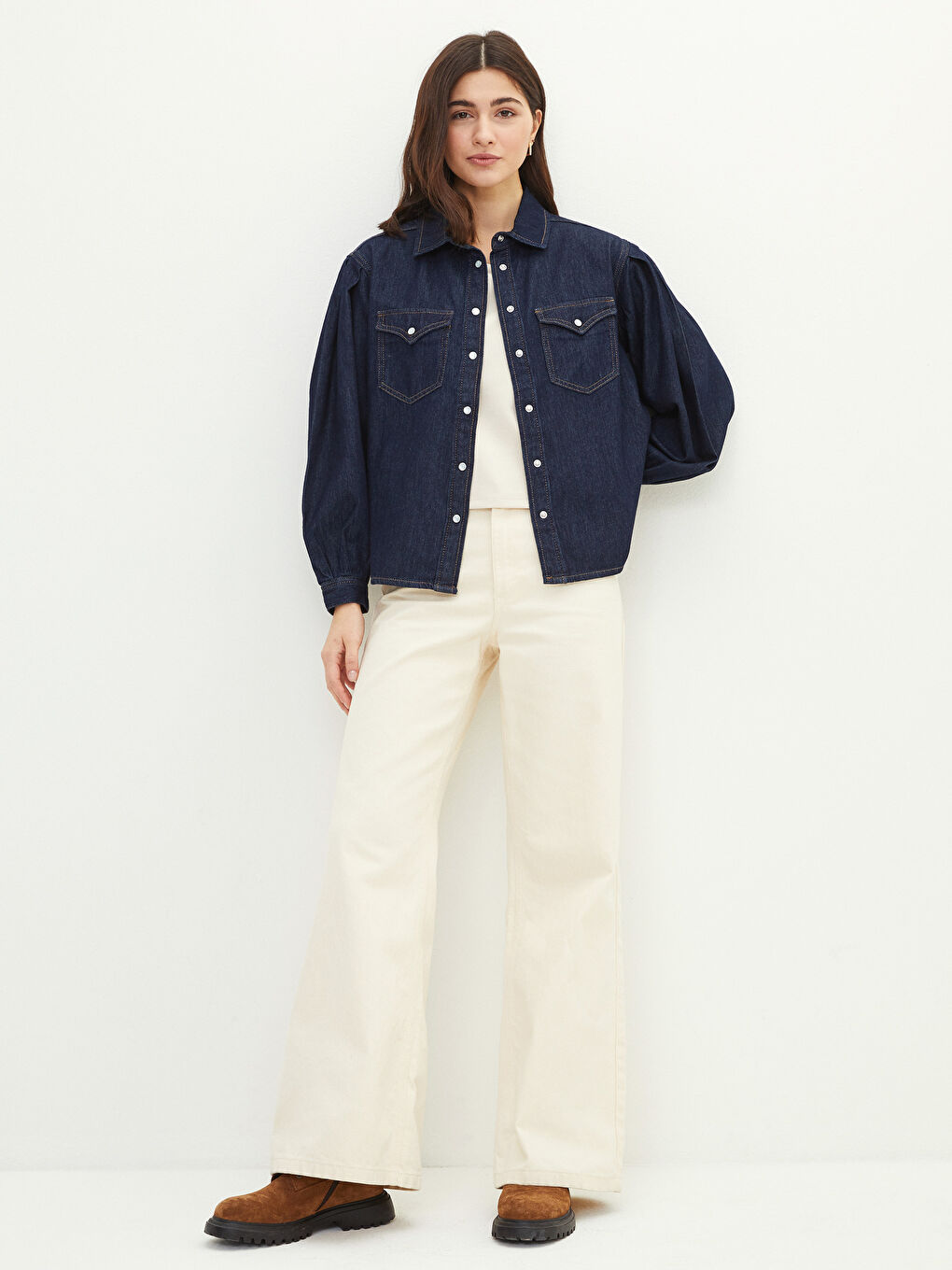 LCW Vision Veste en Jean à Fermeture Boutonnée Frontale Droite à Manches Longues pour Femmes-2