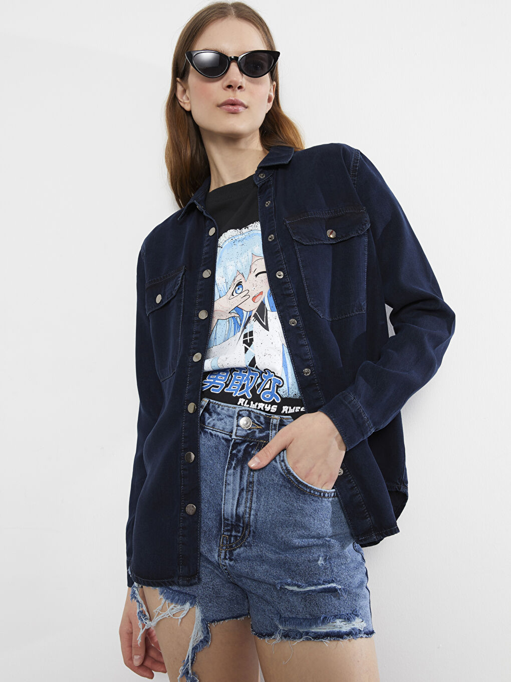 Cămașă Rodeo din Denim pentru Femei cu Mânecă Lungă și Închidere cu Nasturi în Față-1