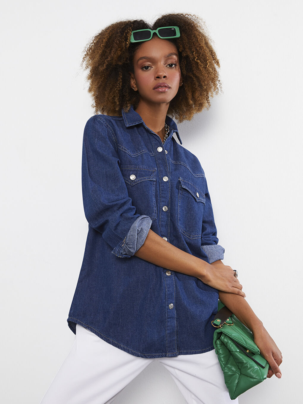 Front Button Closure Straight Long Sleeve Women's Rodeo Jean Shirt-1