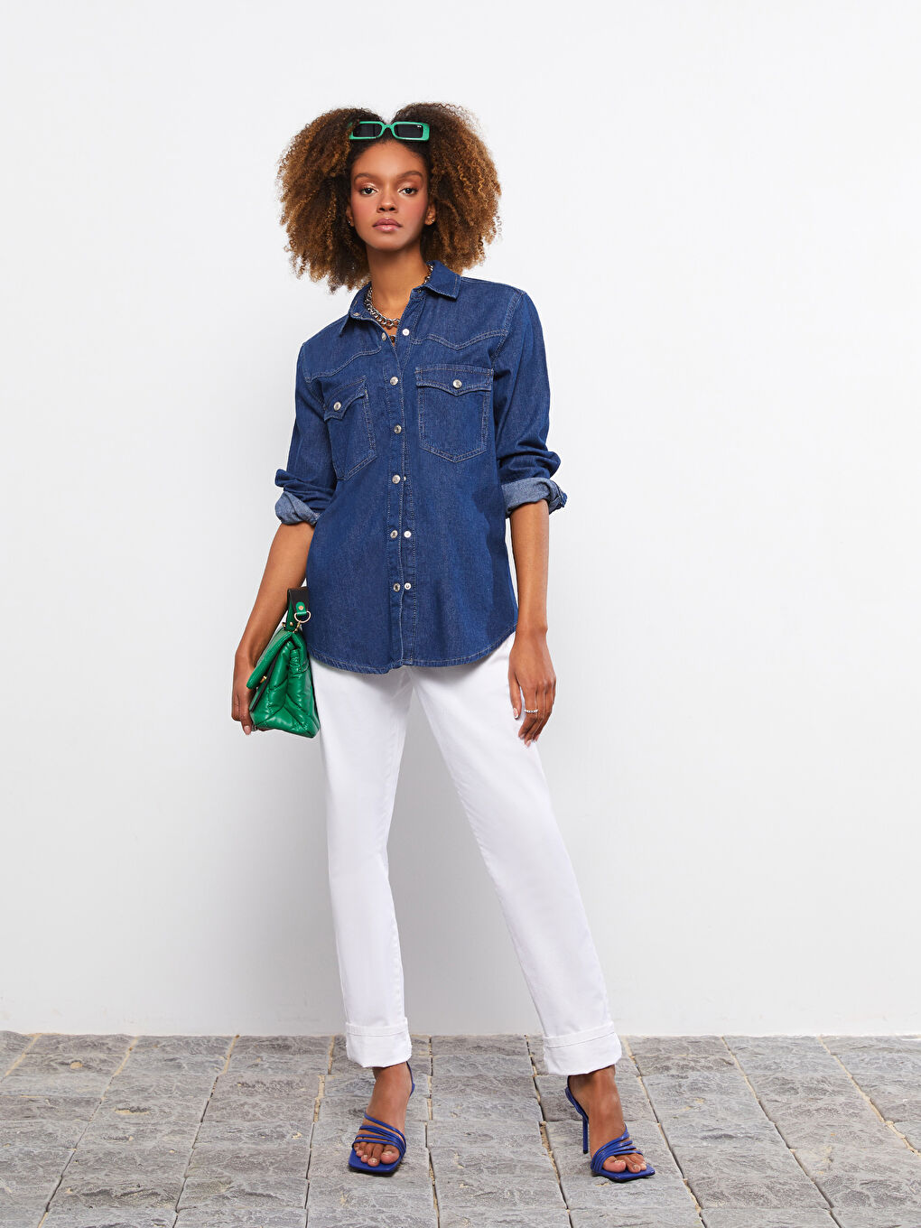 Front Button Closure Straight Long Sleeve Women's Rodeo Jean Shirt-2