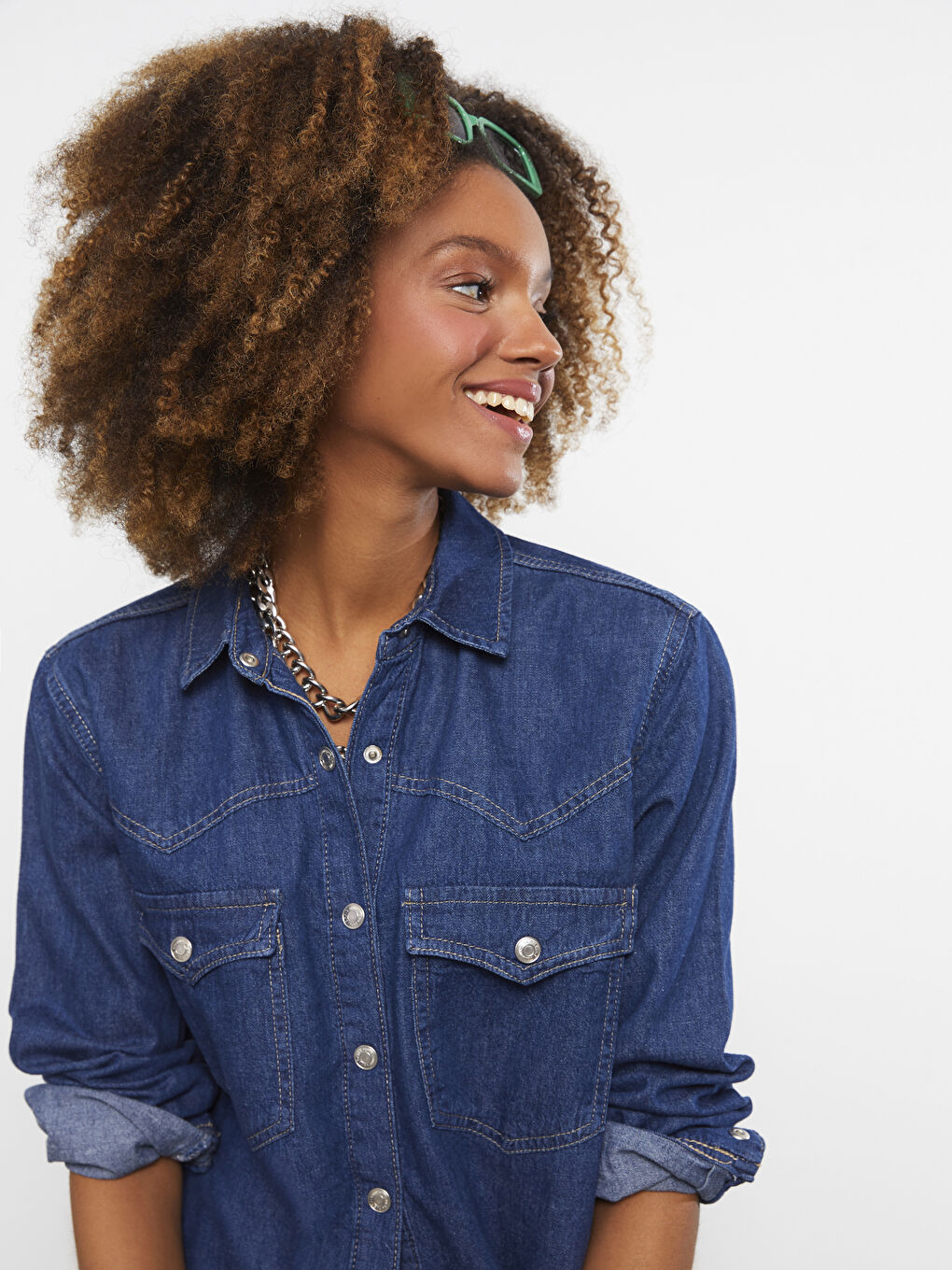 Front Button Closure Straight Long Sleeve Women's Rodeo Jean Shirt-3