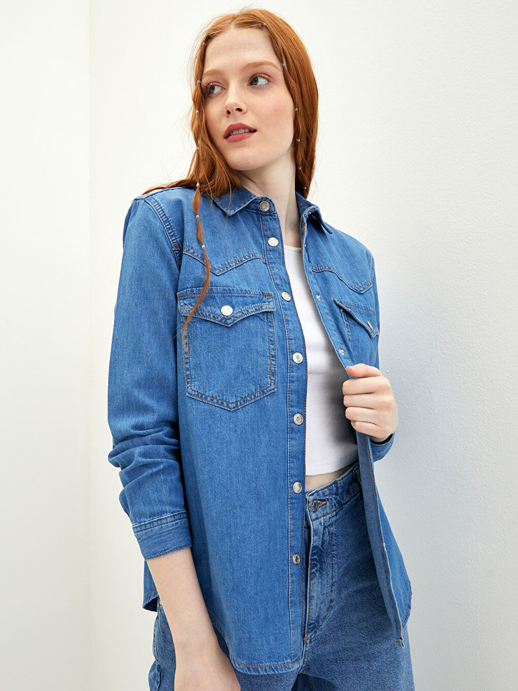 LCW Vision Gerade Langarm Rodeo Jeanshemd für Damen mit Knopfleiste -S2BS57Z8-507