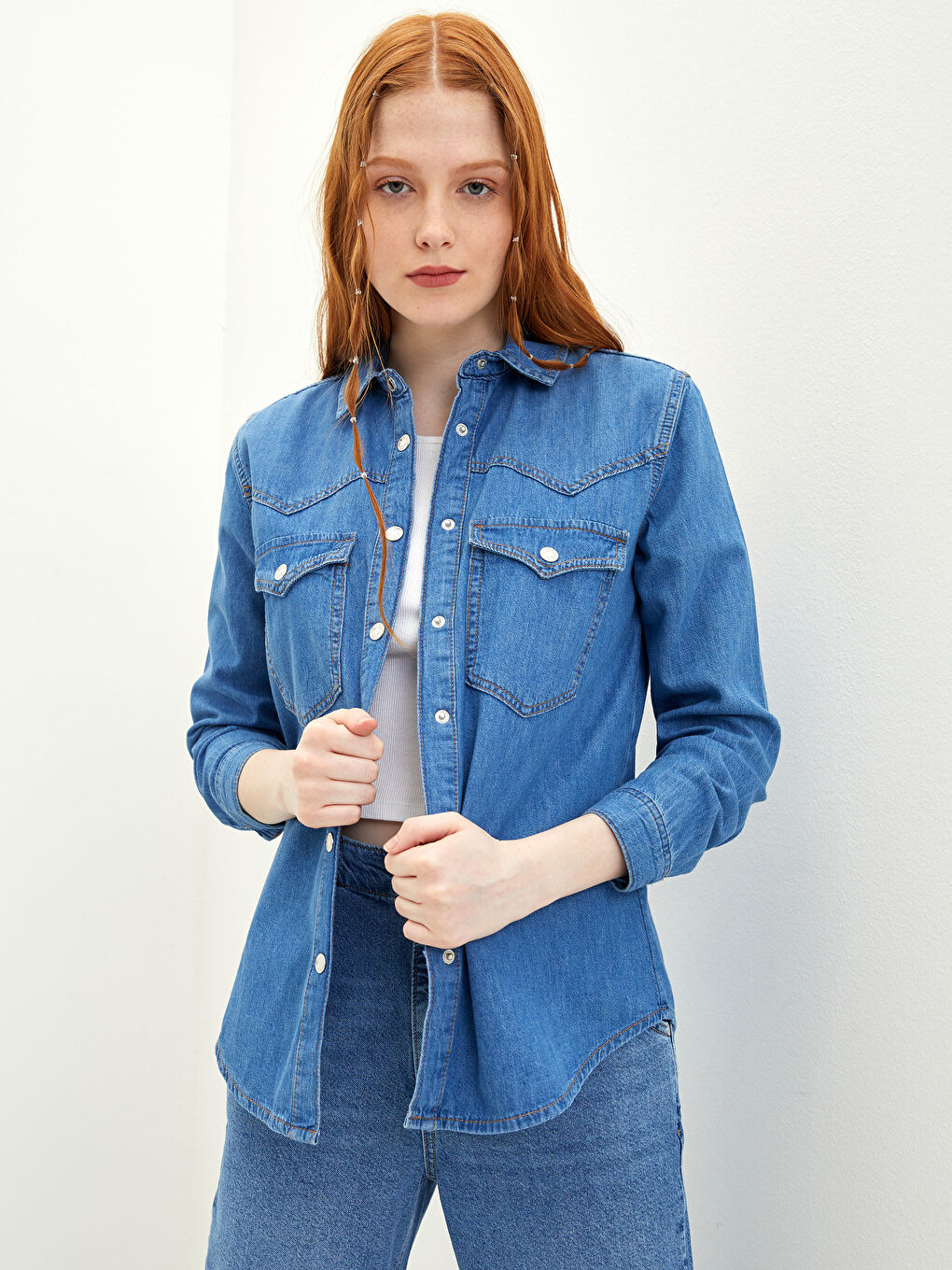 LCW Vision Gerade Langarm Rodeo Jeanshemd für Damen mit Knopfleiste -S2BS57Z8-507