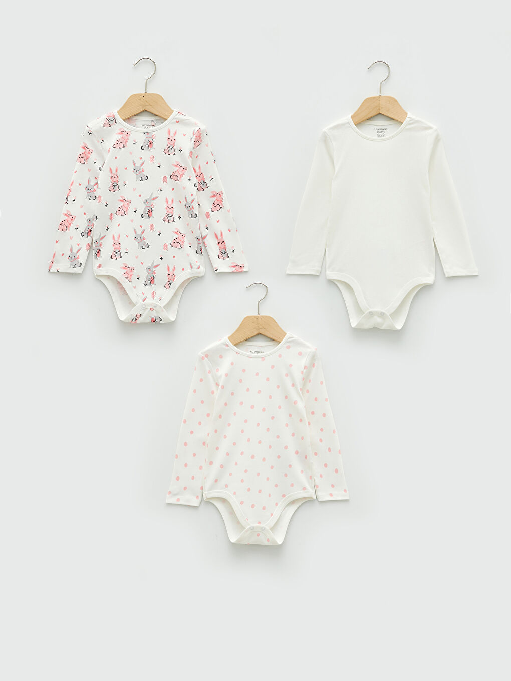 Ekru Bisiklet Yaka Uzun Kollu Pamuklu Kız Bebek Çıtçıtlı Body 3'lü