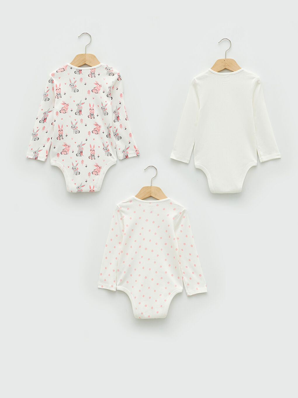 Ekru Bisiklet Yaka Uzun Kollu Pamuklu Kız Bebek Çıtçıtlı Body 3'lü-1
