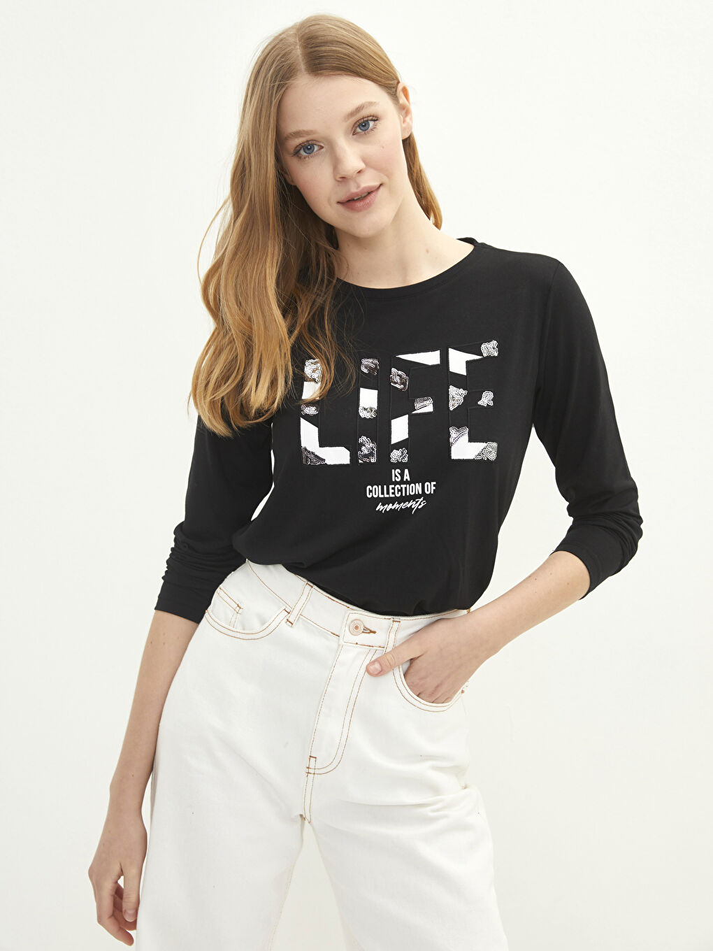 Женская футболка с круглым вырезом и длинными рукавами с принтом-1