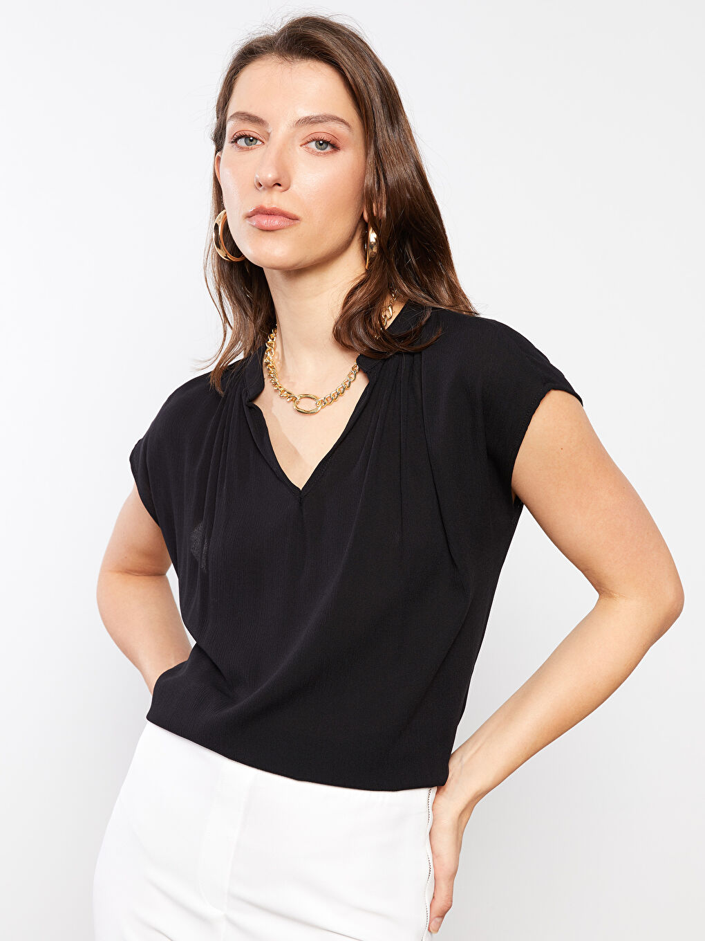 LC Waikiki Crew Neck Straight Short Sleeve Viscose Women's Blouse -S2BS85Z8-CVL