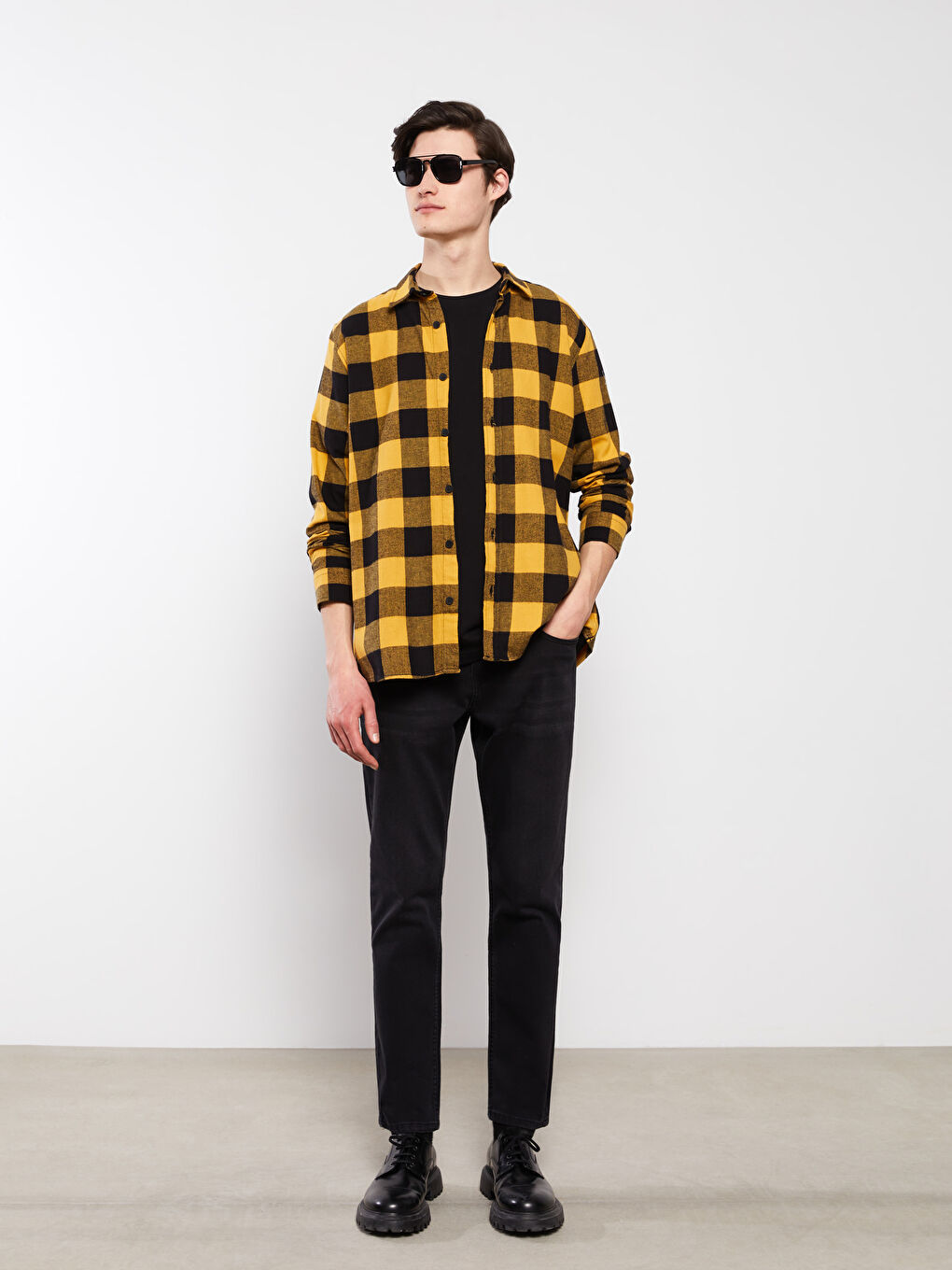 Sarı Regular Fit Uzun Kollu Ekose Erkek Oduncu Gömlek