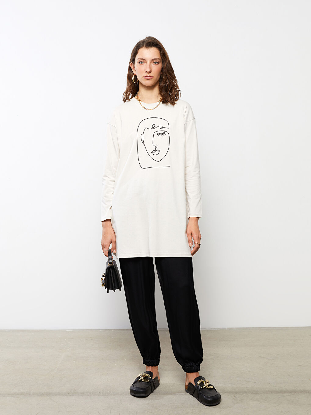 Crew Neck Printed Long Sleeve Cotton Women's Tunic