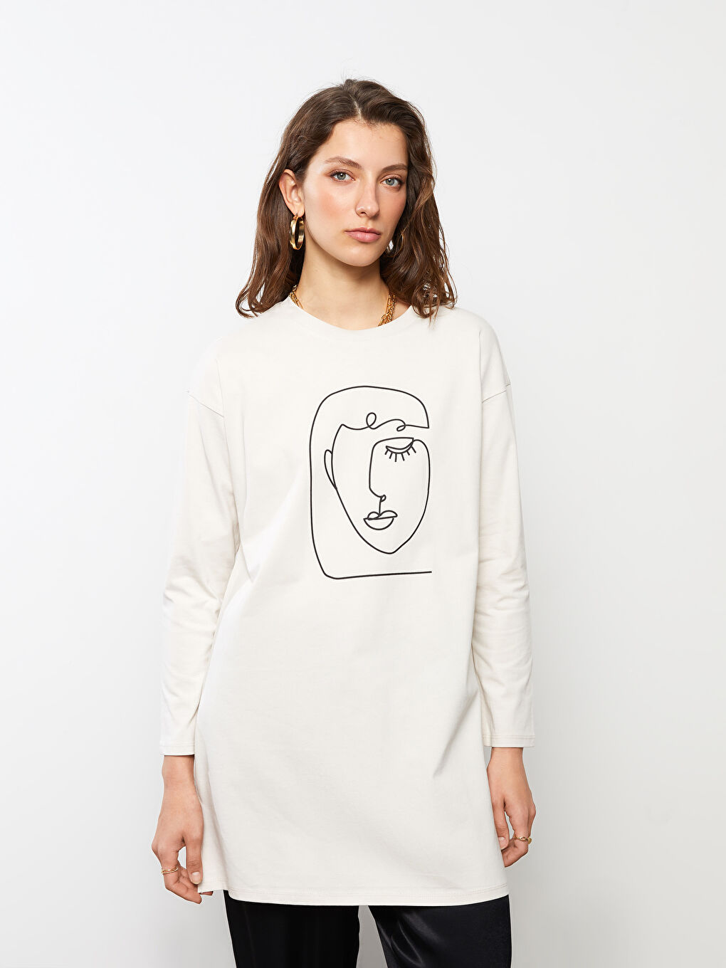 Crew Neck Printed Long Sleeve Cotton Women's Tunic-2