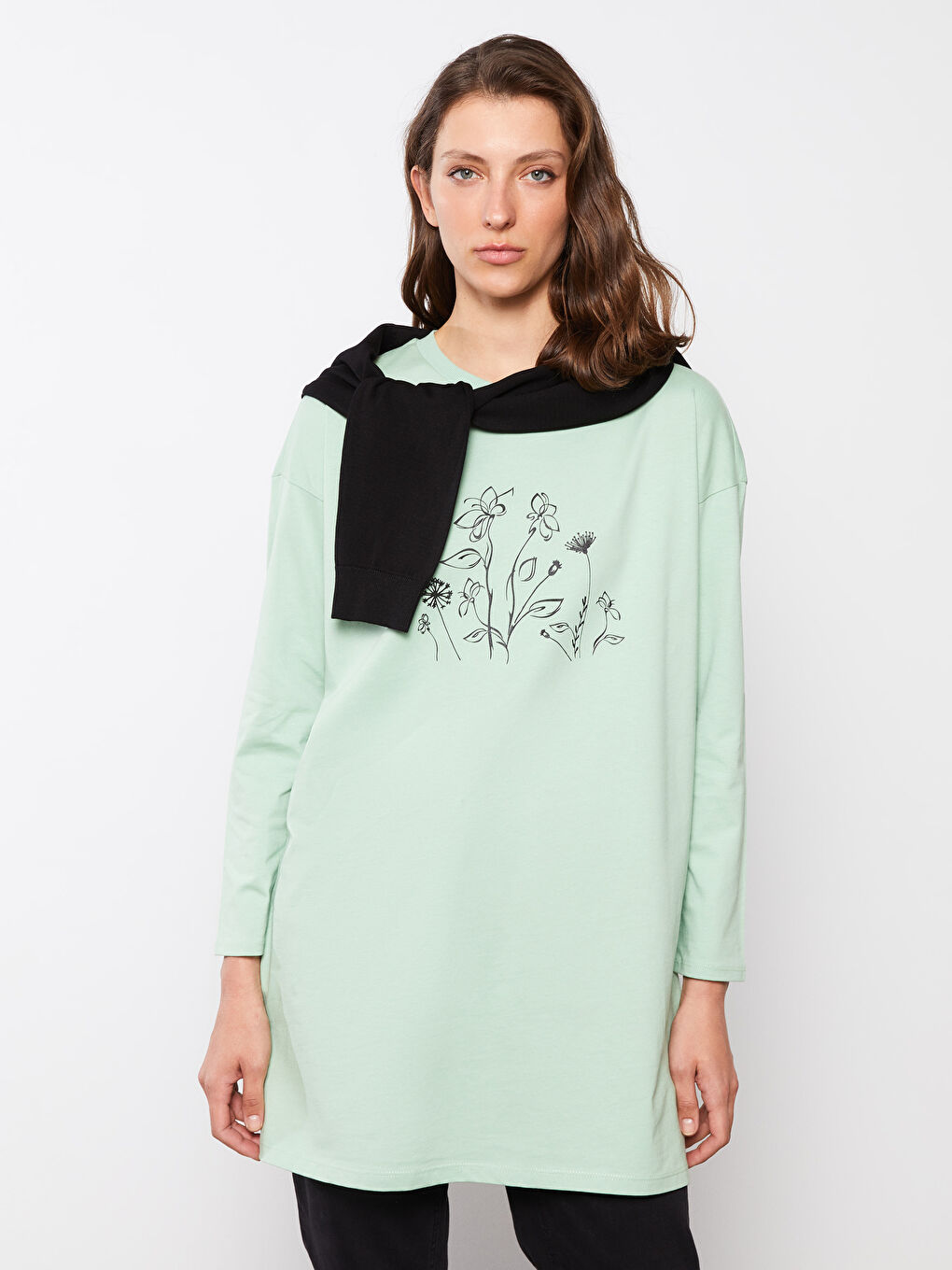 Yeşil Bisiklet Yaka Baskılı Uzun Kollu Kadın Tunik