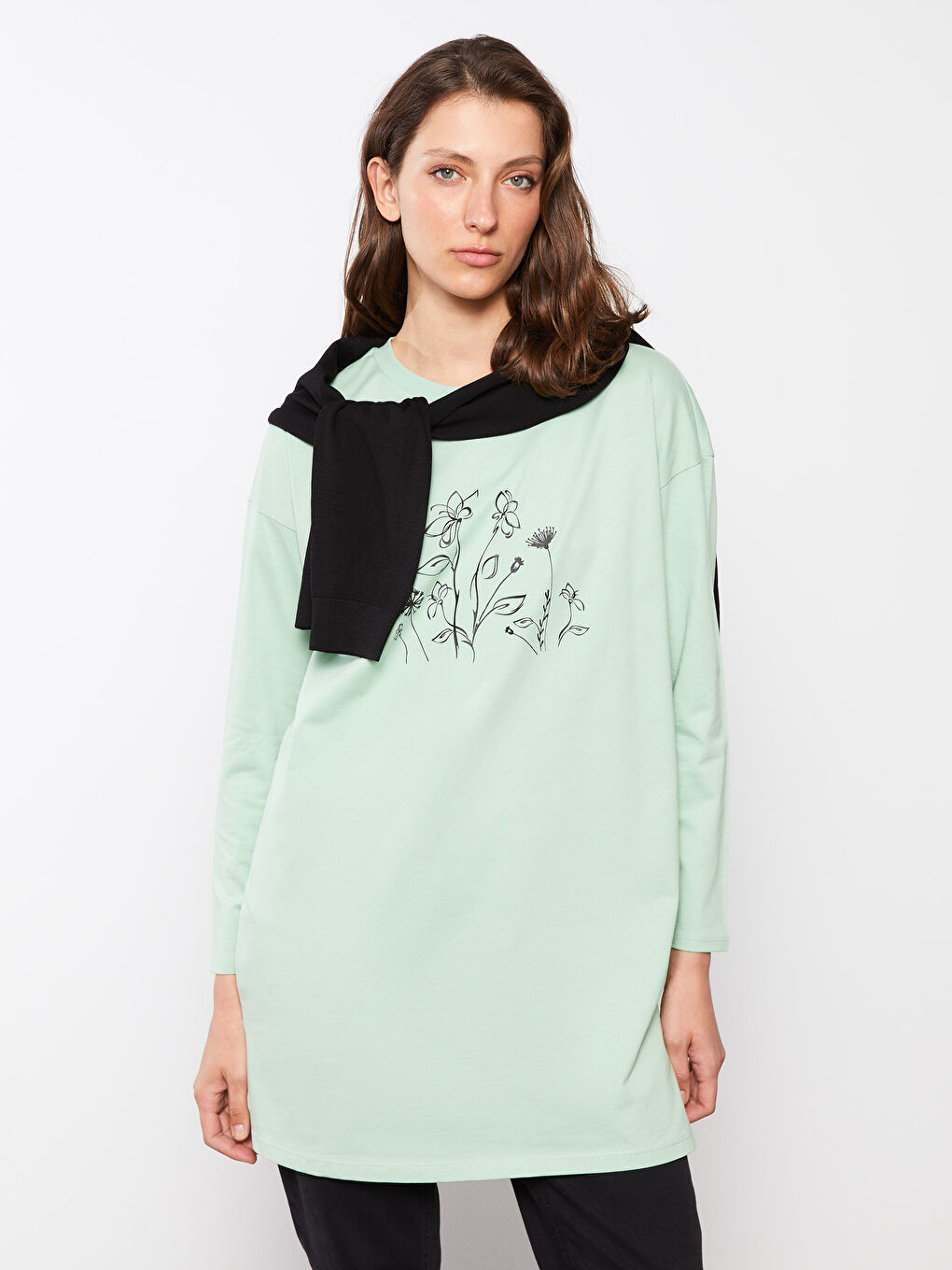 Yeşil Bisiklet Yaka Baskılı Uzun Kollu Kadın Tunik-1