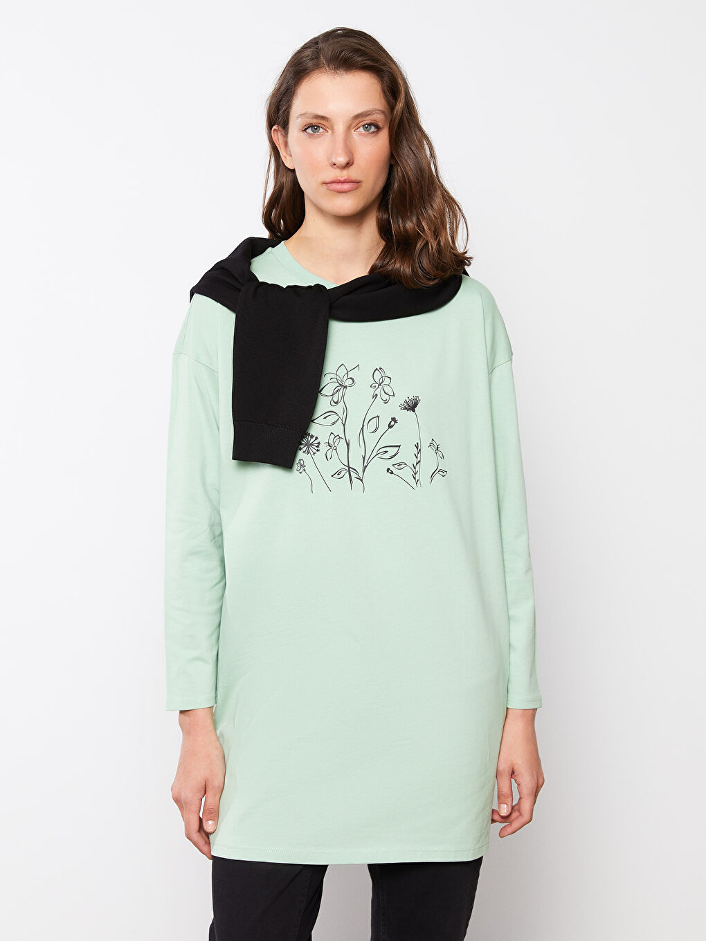 Yeşil Bisiklet Yaka Baskılı Uzun Kollu Kadın Tunik-2