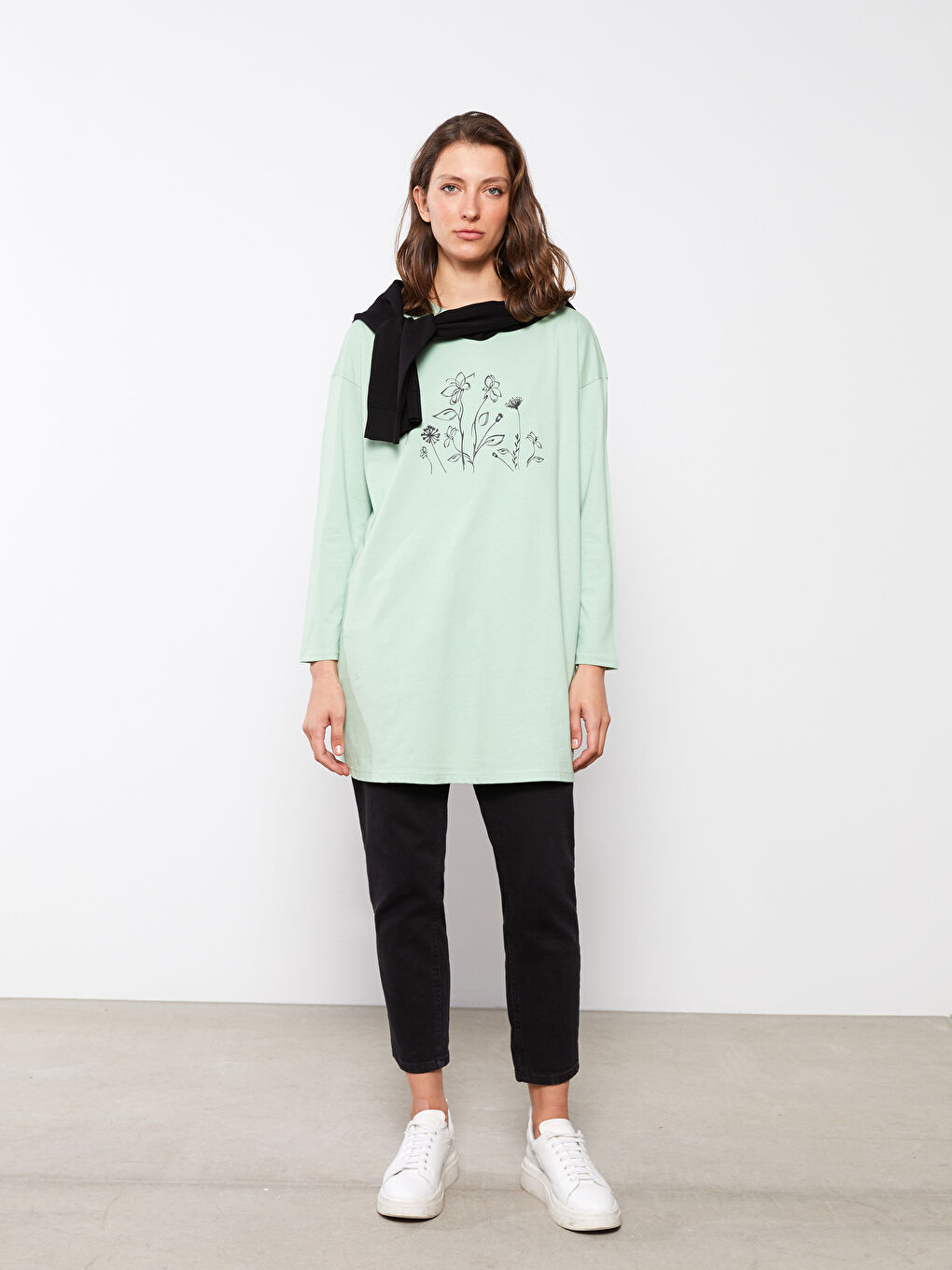 Yeşil Bisiklet Yaka Baskılı Uzun Kollu Kadın Tunik-3