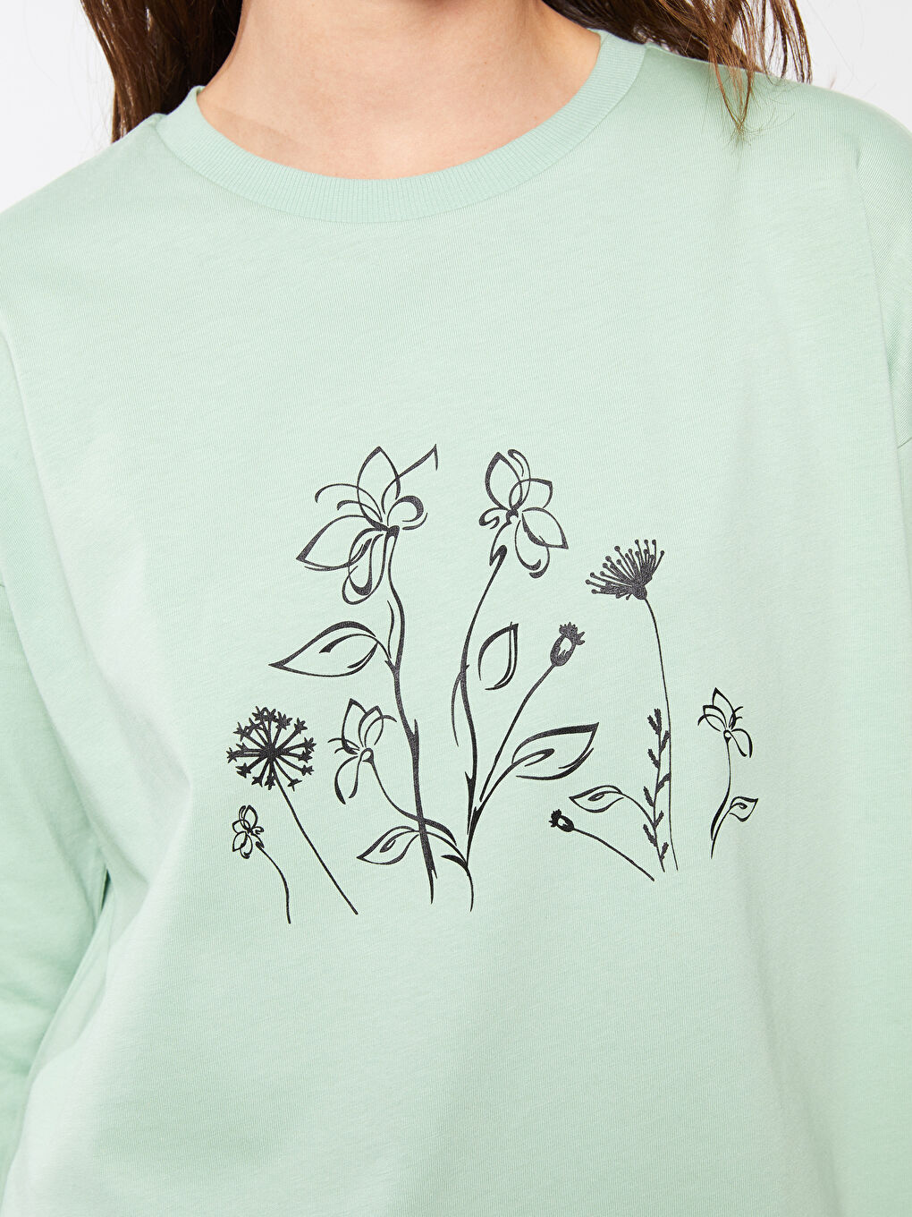 Yeşil Bisiklet Yaka Baskılı Uzun Kollu Kadın Tunik-4