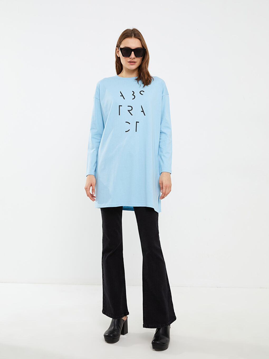 Mavi Bisiklet Yaka Baskılı Uzun Kollu Pamuklu Kadın Tunik